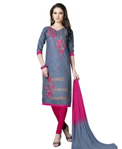 Grey Cotton Floral Embroidered Chudidhar Suits