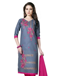 Grey Cotton Floral Embroidered Chudidhar Suits