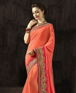 Orange Georgette & Moss Chiffon Embroidery Border Sarees