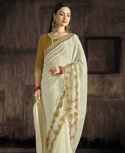 Off White Georgette & Moss Chiffon Embroidery Border Sarees