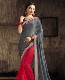 Grey Georgette & Moss Chiffon Embroidery Half And Half Sarees