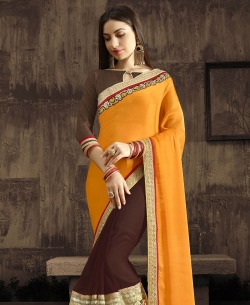 Yellow Georgette & Moss Chiffon Embroidery Half And Half Sarees