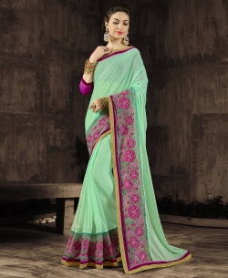Teal Georgette & Moss Chiffon Embroidery Border Sarees