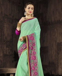 Teal Georgette & Moss Chiffon Embroidery Border Sarees