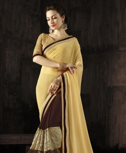 Yellow Georgette & Moss Chiffon Embroidery Half And Half Sarees