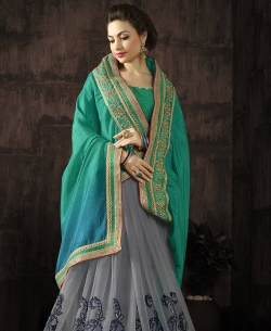 Teal Georgette & Moss Chiffon Embroidery Half And Half Sarees