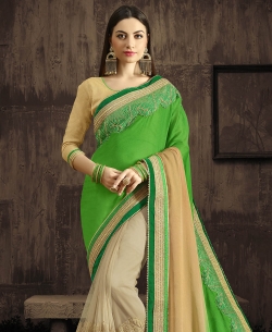 Green & Beige Georgette & Moss Chiffon Embroidery Half And Half Sarees