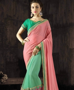 Peach & Green Georgette & Moss Chiffon Embroidery Half And Half Sarees