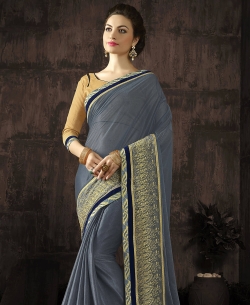 Grey Georgette & Moss Chiffon Embroidery Border Sarees