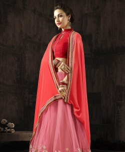 Peach & Pink Georgette & Moss Chiffon Embroidery Half And Half Sarees