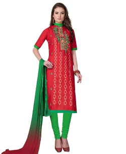 Red Cotton Floral Embroidered Chudidhar Suits