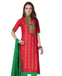 Red Cotton Floral Embroidered Chudidhar Suits