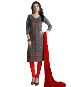 Grey Cotton Floral Embroidered Chudidhar Suits