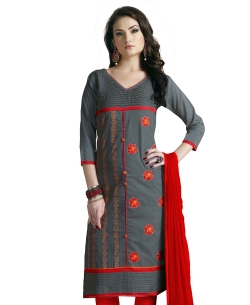 Grey Cotton Floral Embroidered Chudidhar Suits