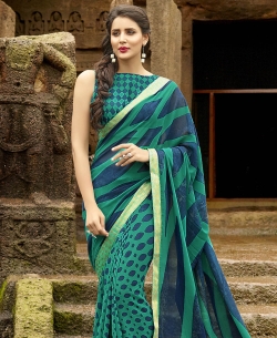 Green Pure Georgette Printed Half And Half Sarees