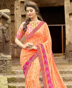 Light Orange Pure Georgette Printed Regular Sarees