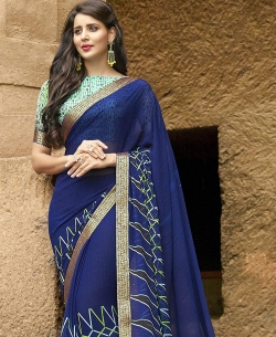 Navy Blue Pure Georgette Printed Regular Sarees
