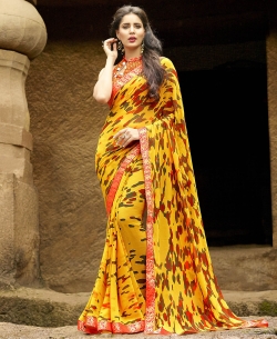 Yellow Pure Georgette Printed Regular Sarees