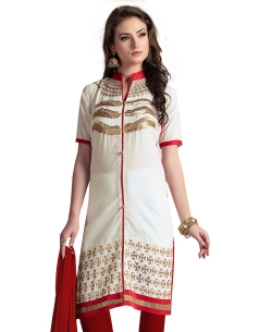 White Cotton Zari Embroidered, Lace Border Chudidhar Suits