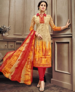Beige Cotton Printed Straight Suits