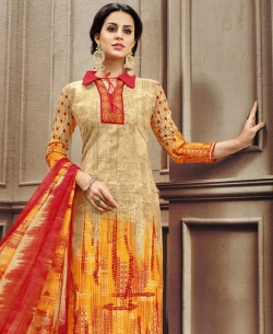 Beige Cotton Printed Straight Suits