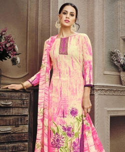 Cream Cotton Floral Design Straight Pant Suits