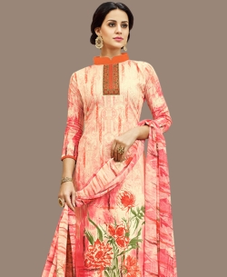 Peach Cotton Floral Design Straight Suits