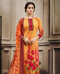 Yellow Cotton Floral Design Straight Suits