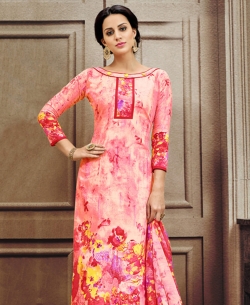 Red Cotton Floral Design Straight Pant Suits