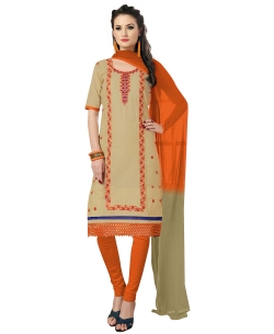 Beige Cotton Floral Embroidered, Lace Border Chudidhar Suits