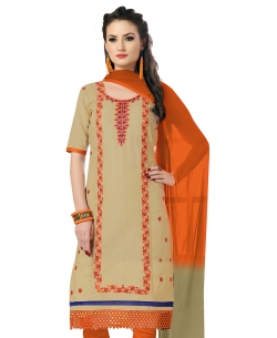 Beige Cotton Floral Embroidered, Lace Border Chudidhar Suits