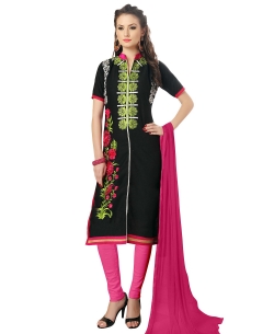 Black Cotton Floral Embroidered, Lace Border Chudidhar Suits