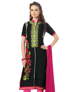 Black Cotton Floral Embroidered, Lace Border Chudidhar Suits