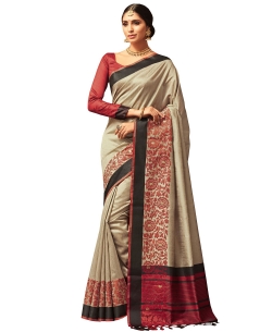Beige Uppada Silk  Jaquard Style Traditional Sarees