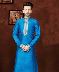 Blue Matka Silk Embroidery Kurta Pajama