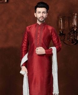 Maroon Art Dupion Embroidery Kurta Pajama