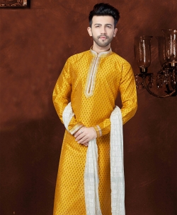 Mustard Banglori Silk Embroidery Kurta Pajama