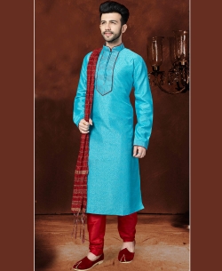 Sky Blue Banglori Silk Embroidery Kurta Pajama