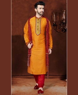 Orange Banglori Silk Embroidery Kurta Pajama