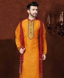 Orange Banglori Silk Embroidery Kurta Pajama