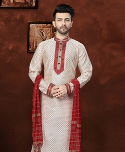Off White Matka Silk Embroidery Kurta Pajama