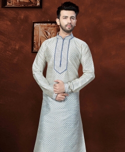Off White Matka Silk Embroidery Kurta Pajama