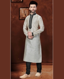 Off White Matka Silk Embroidery Kurta Pajama