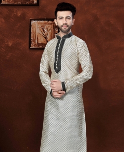 Off White Matka Silk Embroidery Kurta Pajama