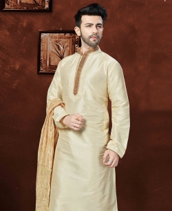 Cream Art Dupion Embroidery Kurta Pajama