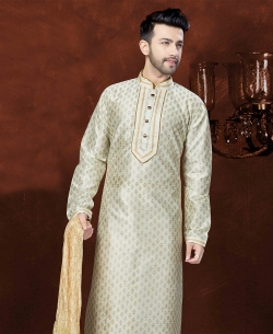 Off White Matka Silk Embroidery Kurta Pajama