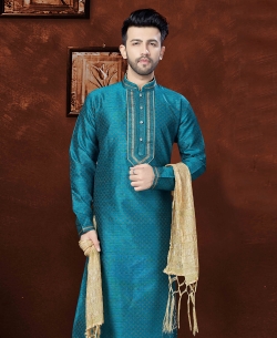 Rama Green Matka Silk Embroidery Kurta Pajama