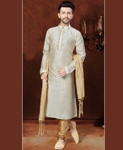 Off White Matka Silk Embroidery Kurta Pajama