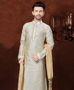 Off White Matka Silk Embroidery Kurta Pajama