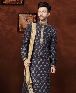 Navy Blue Banglori Silk Embroidery Kurta Pajama